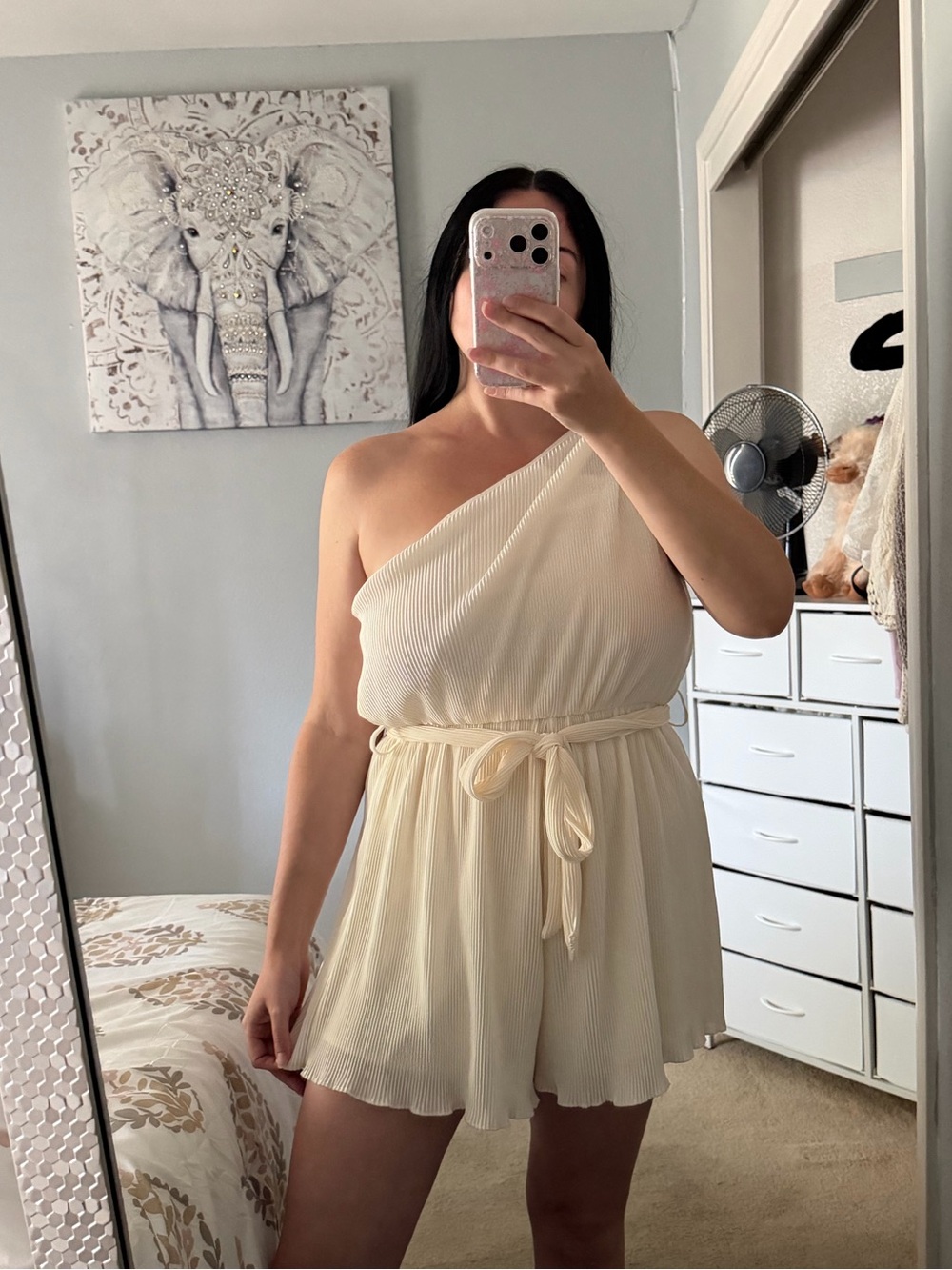 One-Shoulder Tie Front Cream Greek Goddess Romper L Large